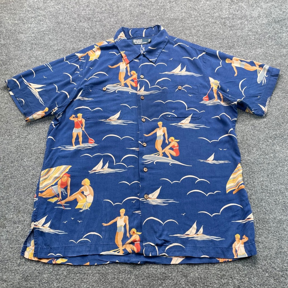 Polo Ralph Lauren Button Down Mens Large Blue Nautical Surfer Viscose Shirt